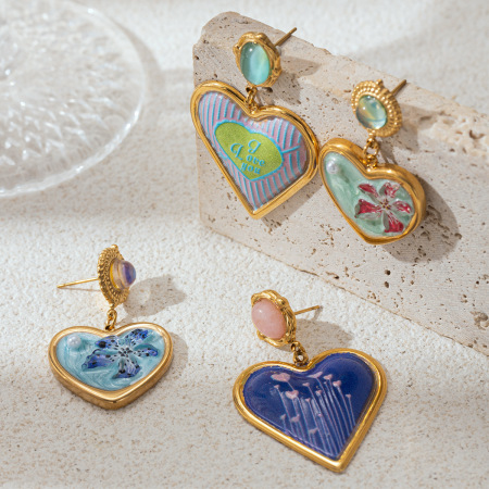 1 paire de boucles d'oreilles pendantes en forme de cœur, en acier inoxydable émaillé et pierre naturelle, étanches. 2