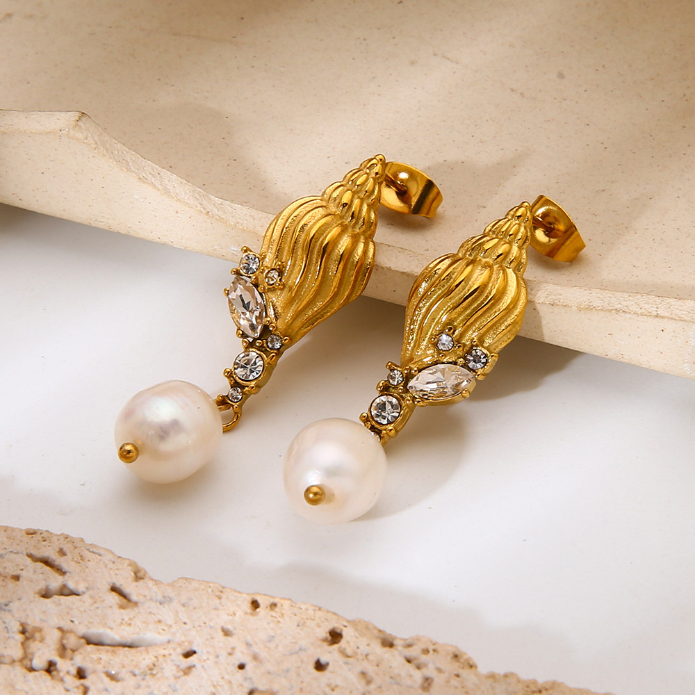 1 Paire De Boucles D'Oreilles Pendantes De Luxe Rétro En Forme De Tortue, En Acier Inoxydable Étanche Couleur Or Et Zircon. Image3