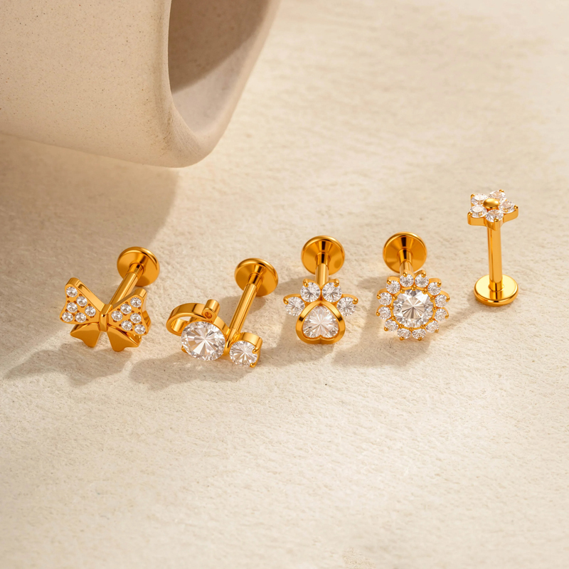 Boucles D'Oreilles Piercing Pour Femme, 1 Pièce, Nœud Papillon, Alliage De Titane, Couleur Or, Zircone Image3