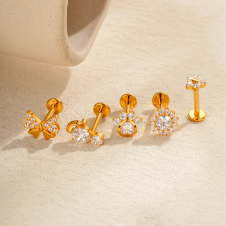Boucles d'oreilles piercing pour femme, 1 pièce, nœud papillon, alliage de titane, couleur or, zircone 2