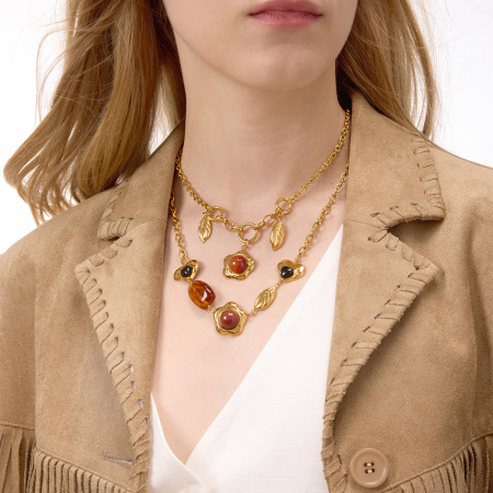 Collier pendentif femme en acier inoxydable, couleur or, acrylique, forme irrégulière, orné d'une fleur glamour. 2
