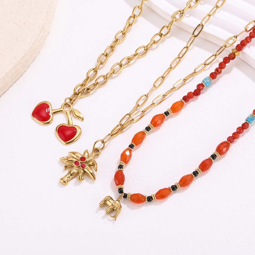 Collier Pendentif Femme En Acier Inoxydable Étanche, Motif Cœur Cerise, 1 Pièce, Série Rouge Image2