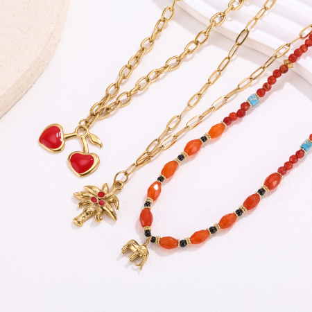 Collier pendentif femme en acier inoxydable étanche, motif cœur cerise, 1 pièce, série rouge 2