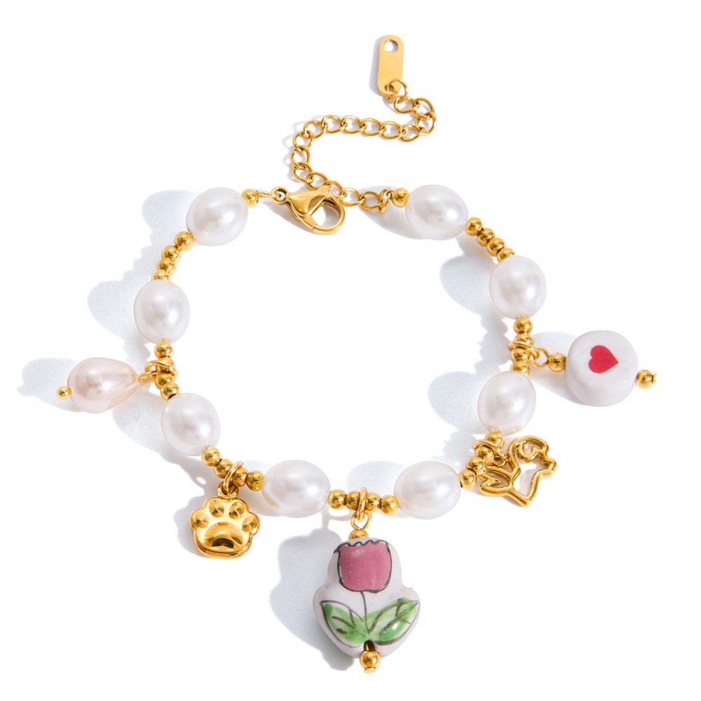 Bracelet À Breloques Fantaisie Tulipe En Acier Inoxydable Étanche Couleur Or Pour Femme (1 Pièce)