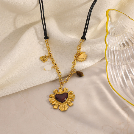 Collier pendentif rétro quotidien en forme de cœur et de fleur, en acier inoxydable étanche, pour femme (1 pièce) 2