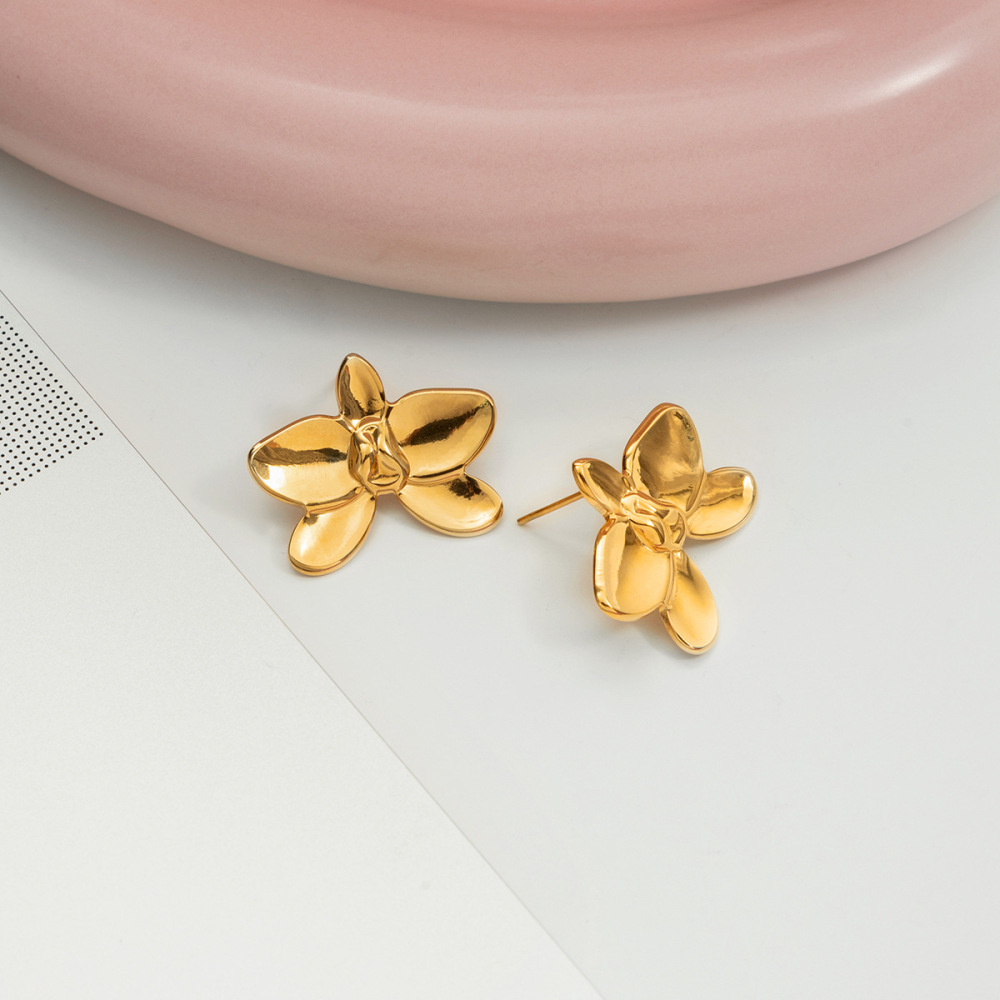 1 Paire De Boucles D'Oreilles Puces Luxueuses Pour Femmes, En Acier Inoxydable Étanche Couleur Or, Motif Phalaenopsis. Image5
