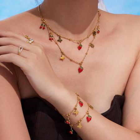 Ensembles de bijoux pour femmes en acier inoxydable, couleur or, zircon, couleur fraise vive