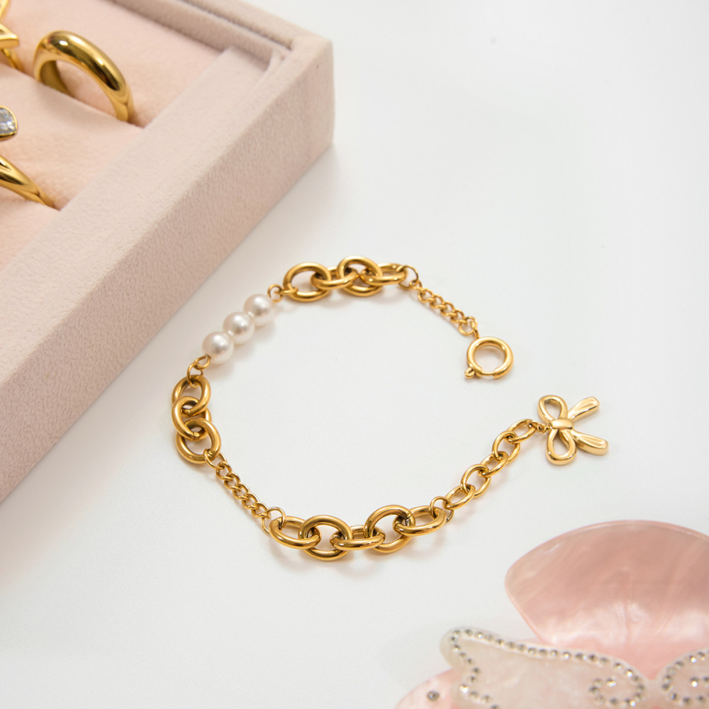 Bracelet À Breloques Pour Femme, 1 Pièce, Nœud Papillon Romantique, En Acier Inoxydable Étanche, Couleur Or Image6