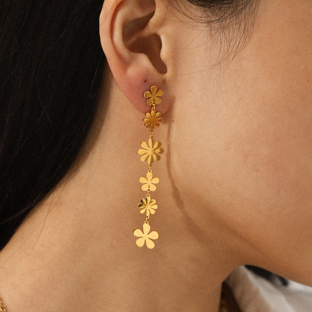 1 Paire De Boucles D'Oreilles Pendantes En Acier Inoxydable Doré, Imperméables, À Motif Floral Image4