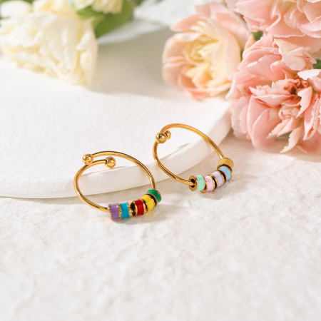 Bague fantaisie en acier inoxydable doré, ornée de perles colorées et imperméables (1 pièce). 2