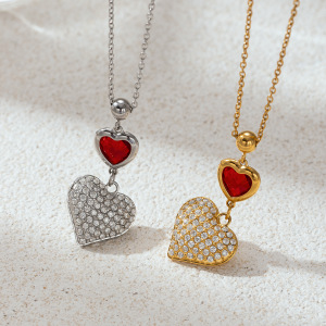 Collier Pendentif En Acier Inoxydable Doré Étanche, En Forme De Cœur Avec Zircon (1 Pièce) h5 Image2