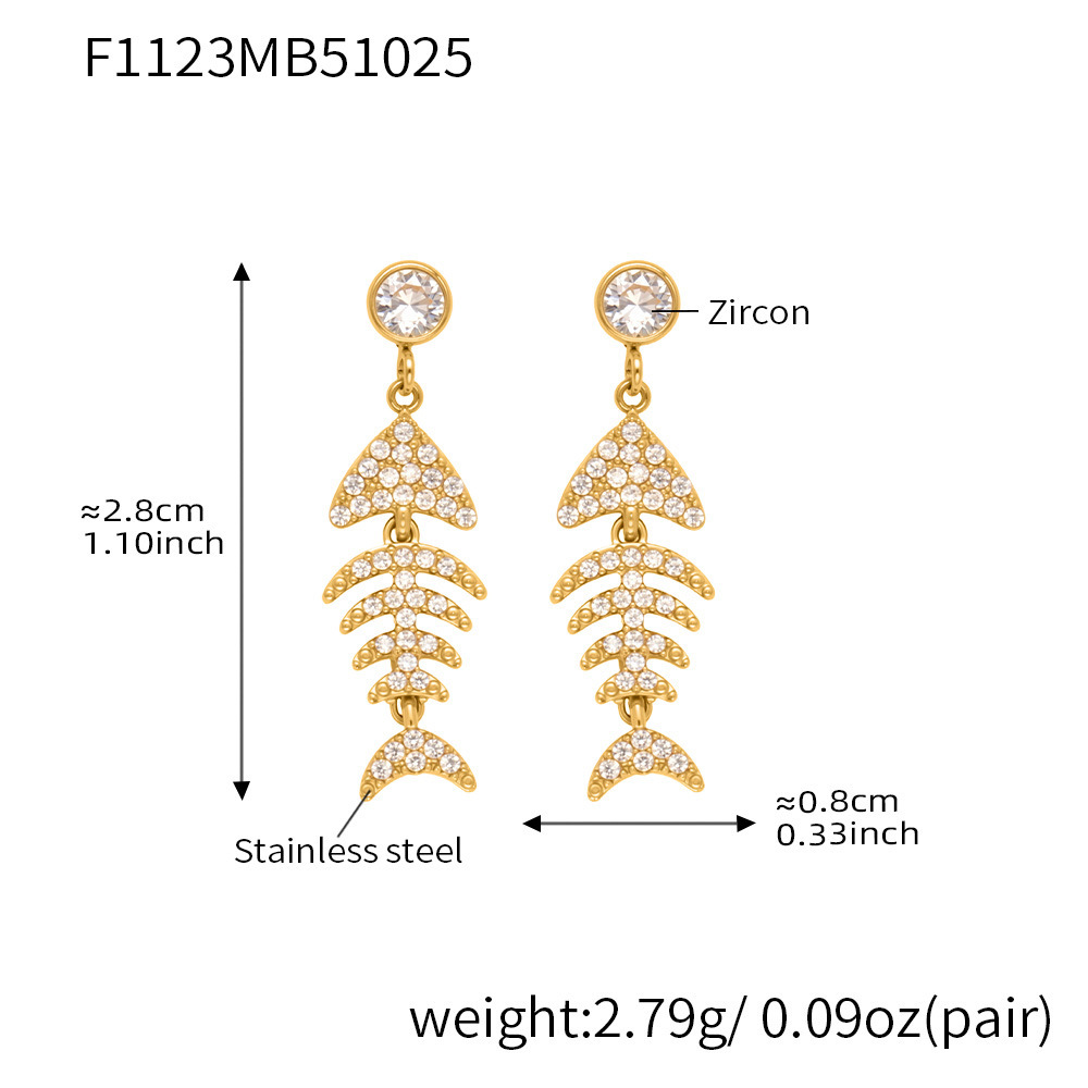 1 Paire De Boucles D'Oreilles Pendantes Délicates En Acier Inoxydable Doré, Imperméables, Avec Zircon, En Forme D'Arête De Poisson. Image2