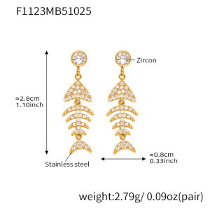 1 Paire De Boucles D'Oreilles Pendantes Délicates En Acier Inoxydable Doré, Imperméables, Avec Zircon, En Forme D'Arête De Poisson. h5 Image2