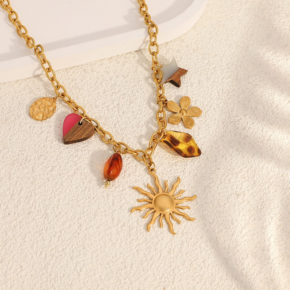 Collier Pendentif Femme Étanche En Acier Inoxydable, Motif Fleur, Cœur, Soleil Et Étoile (1 Pièce) Image3