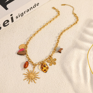 Collier Pendentif Femme Étanche En Acier Inoxydable, Motif Fleur, Cœur, Soleil Et Étoile (1 Pièce) h5 Image2