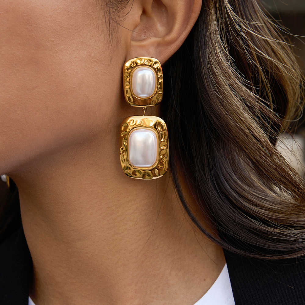 1 Paire De Magnifiques Boucles D'Oreilles Pendantes Rectangulaires En Acier Inoxydable Étanche Couleur Or Pour Femme Image4