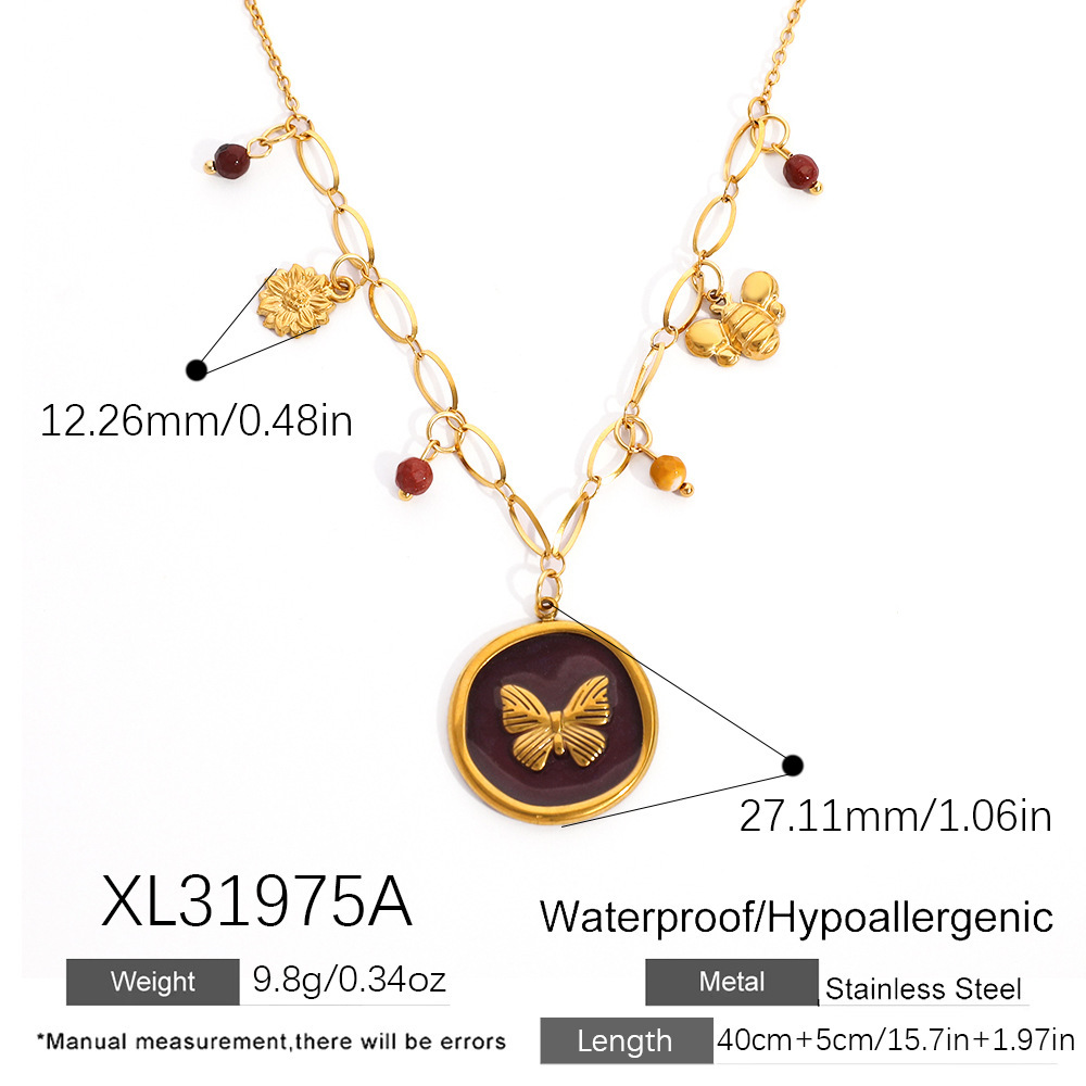 Collier Pendentif Papillon Rond En Acier Inoxydable Étanche Pour Femme (1 Pièce) 