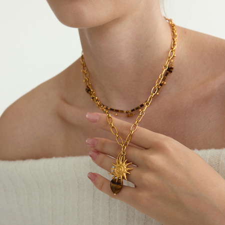 Collier pendentif femme vintage en forme de cœur, en acier inoxydable étanche, couleur or, avec pierre naturelle (1 pièce)