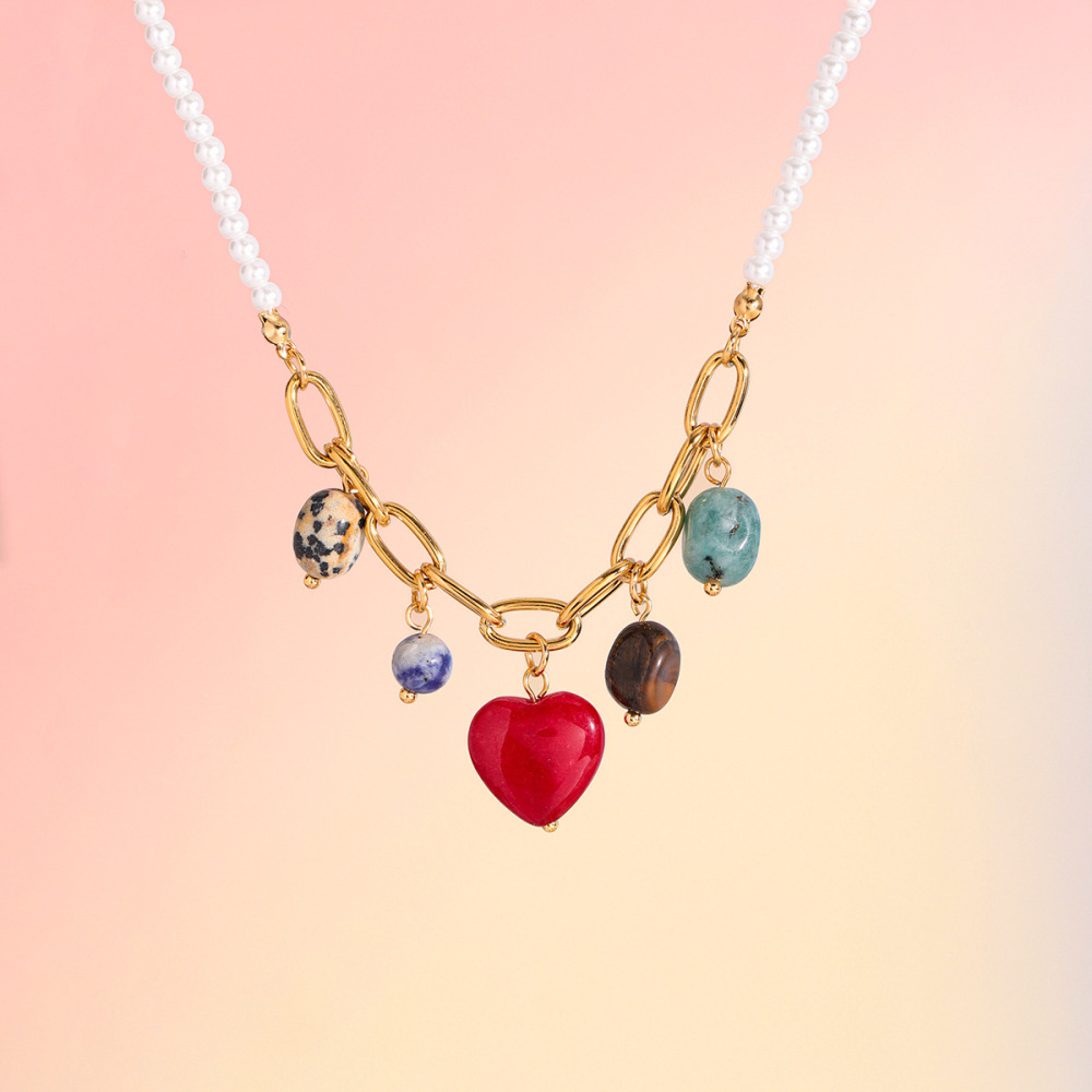 Collier Pendentif Femme En Acier Inoxydable Doré, Orné D'Un Cœur Lustré Et D'Une Pierre Naturelle (1 Pièce) h5Image4