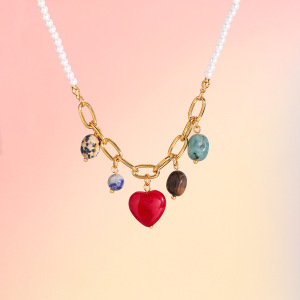 Collier Pendentif Femme En Acier Inoxydable Doré, Orné D'Un Cœur Lustré Et D'Une Pierre Naturelle (1 Pièce) h5 Image4