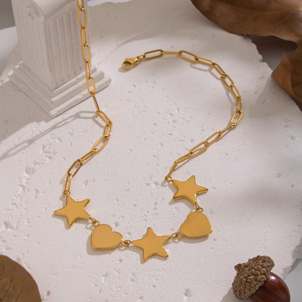 Collier Pendentif Cœur Et Étoile En Acier Inoxydable Étanche Couleur Or (1 Pièce) Image2