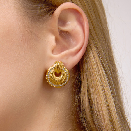1 paire de magnifiques boucles d'oreilles puces rondes en acier inoxydable étanche couleur or pour femmes