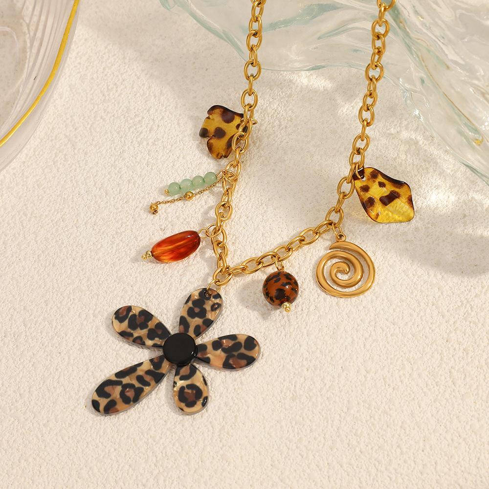 Collier Pendentif Femme En Acier Inoxydable Étanche, Motif Floral Ethnique Léopard (1 Pièce) h5Image3