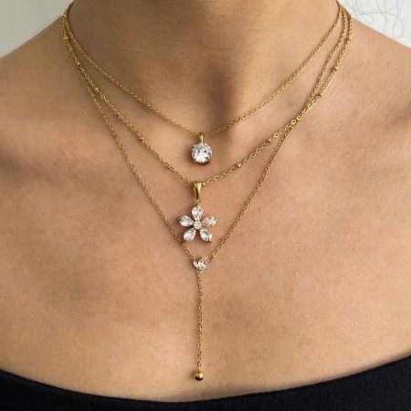 Collier pendentif sophistiqué pour femme, en acier inoxydable, couleur or, avec zircon, orné d'une fleur. 2