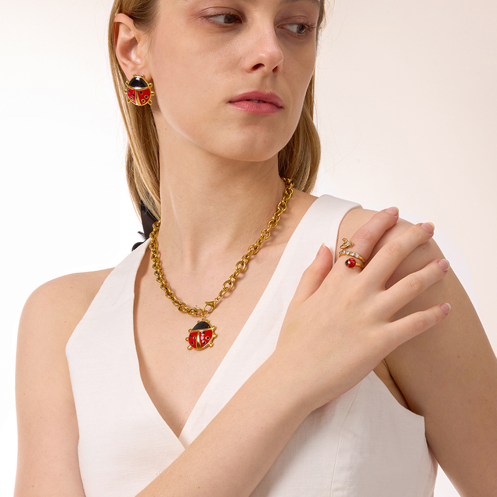 Ensembles De Bijoux Pour Femmes Vivid Ladybird En Acier Inoxydable Étanche Couleur Or Image4