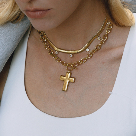 Collier pendentif minimaliste en forme de croix, en acier inoxydable étanche, couleur or, pour femme (1 pièce) 2