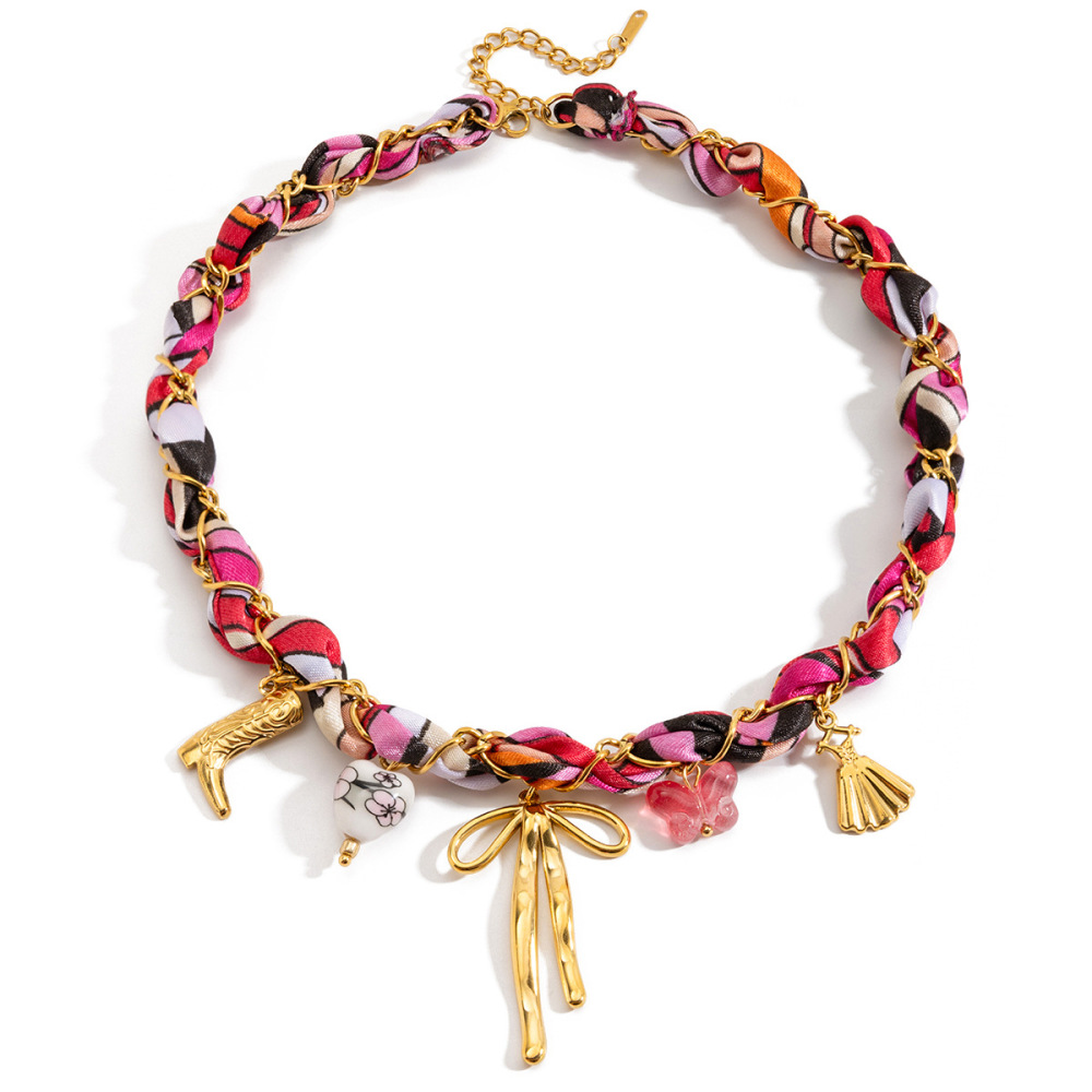 Collier Pendentif Femme Luxueux En Acier Inoxydable, Couleur Or, Avec Nœud Papillon (1 Pièce) 