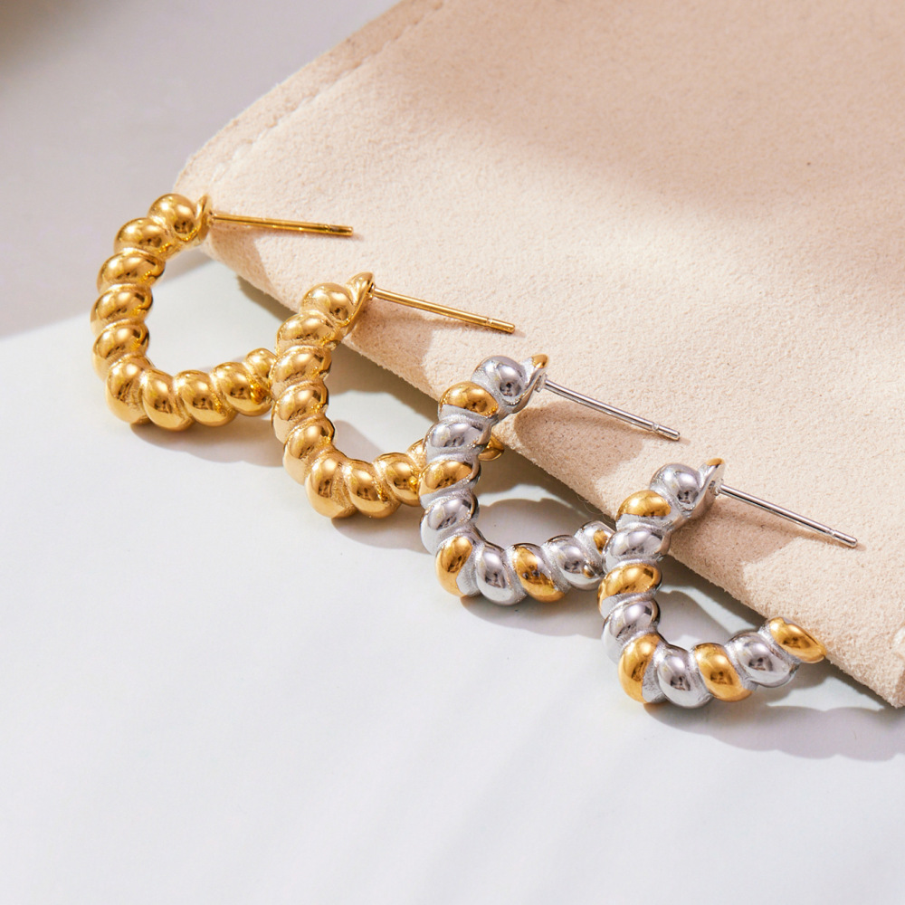 1 Paire De Boucles D'Oreilles Créoles Simples À Torsion, En Acier Inoxydable Imperméable, Aux Couleurs Or Et Argent. Image3