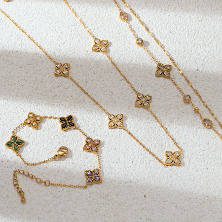 Ensemble De 1 Collier Élégant En Acier Inoxydable Imperméable Couleur Or Avec Zircon Et Motif Trèfle 2