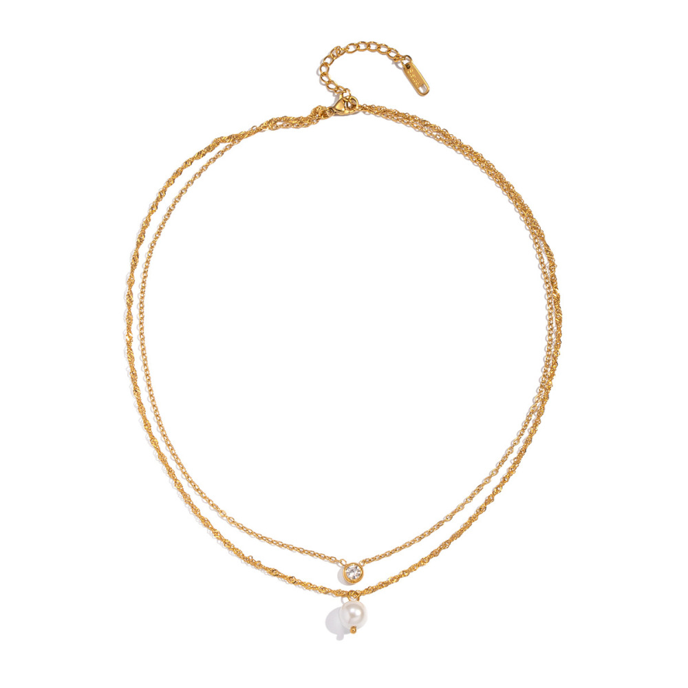 Collier Élégant À Plusieurs Rangs En Acier Inoxydable Doré, Imperméable, Avec Zircon Et Perle. Image5