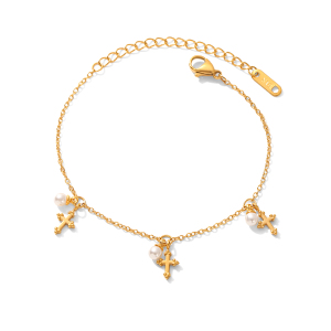 Bracelet À Breloques En Acier Inoxydable Doré, Étanche, Avec Croix Et Perle (1 Pièce). h5