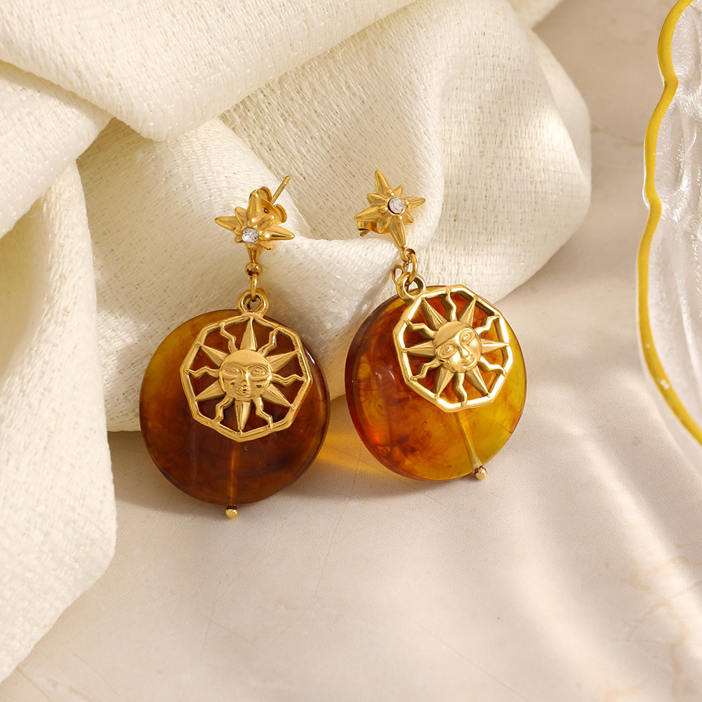 1 Paire De Boucles D'Oreilles Pendantes Ethniques Pour Femme, Motif Soleil Et Étoile, En Acier Inoxydable Étanche. Image2