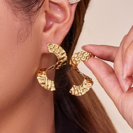 Boucles D'Oreilles Puces Pour Femme, En Acier Inoxydable Doré, Motif Martelé En Forme De S (1 Paire).