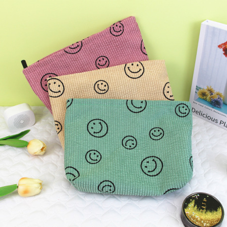 Trousse à maquillage en velours côtelé avec motif visage souriant (1 pièce)