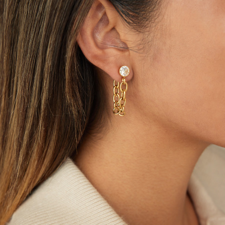 Boucles d'oreilles pendantes pour femme, en acier inoxydable doré, avec zircon et chaîne classique (1 paire).