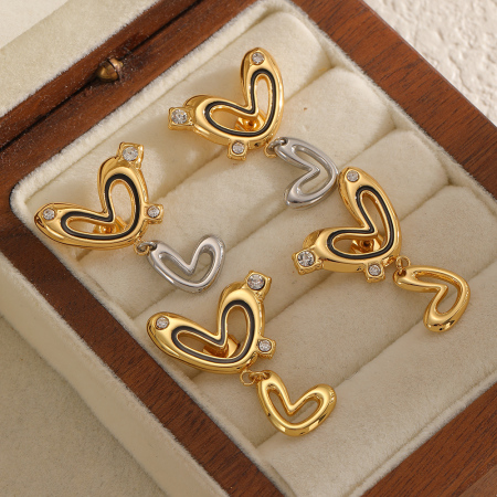 1 paire de boucles d'oreilles pendantes classiques en forme de cœur, en acier inoxydable étanche, couleur or, ornées de strass. 2