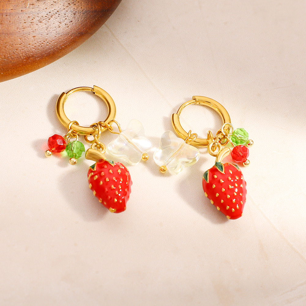 Boucles D'Oreilles Pendantes Pour Femme, Motif Papillon Fraise, En Acier Inoxydable Étanche (1 Paire) Image4
