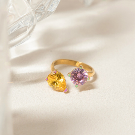 Bague pour femme en acier inoxydable doré, ornée d'un zircon et d'une goutte colorée. 2