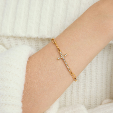 Bracelet À Maillons Pour Femme, En Acier Inoxydable Doré, Avec Croix Délicate (1 Pièce). 2
