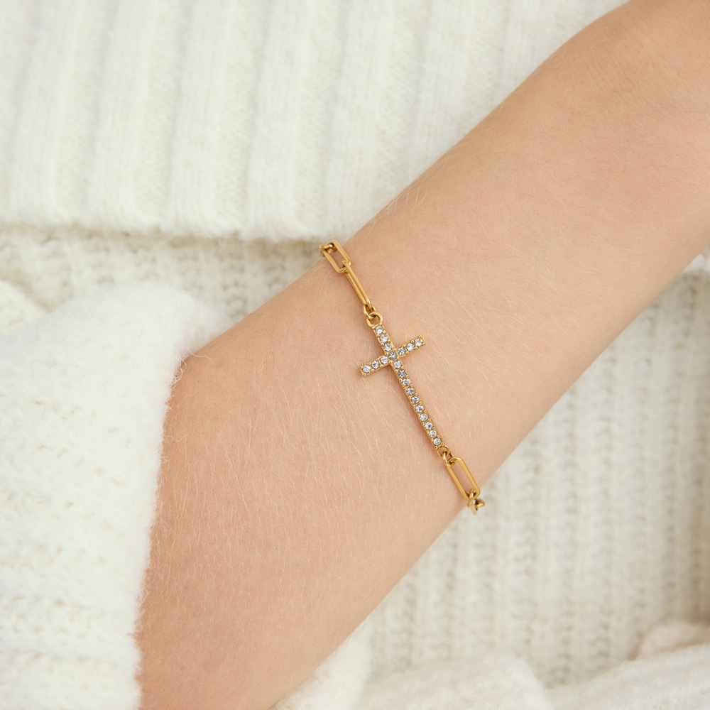 Bracelet À Maillons Pour Femme, En Acier Inoxydable Doré, Avec Croix Délicate (1 Pièce). Image3
