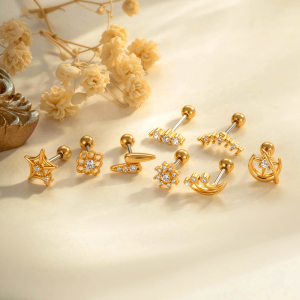 Boucles D'Oreilles Piercing Femme, Simples Et Robustes, Couleur Cuivre Doré, Avec Zircon (1 Pièce). h5 Image5
