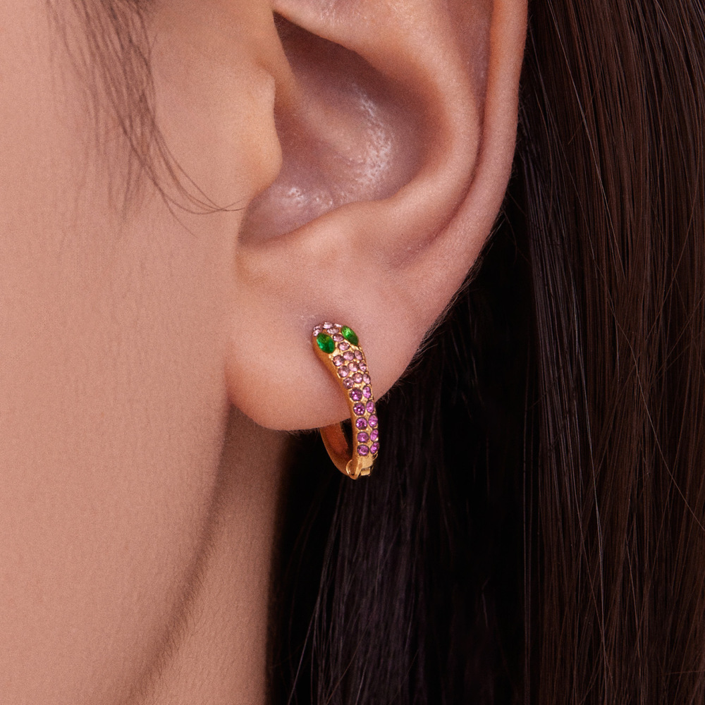 1 Paire De Boucles D'Oreilles Créoles Glamour En Acier Inoxydable Doré, Ornées D'Un Serpent En Zircon, Pour Femme. h5Image3
