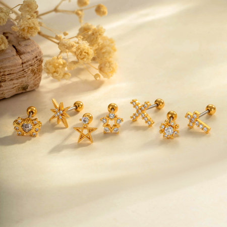 Boucles d'oreilles piercing femme « Étoile brillante » couleur cuivre doré avec zircon (1 pièce)