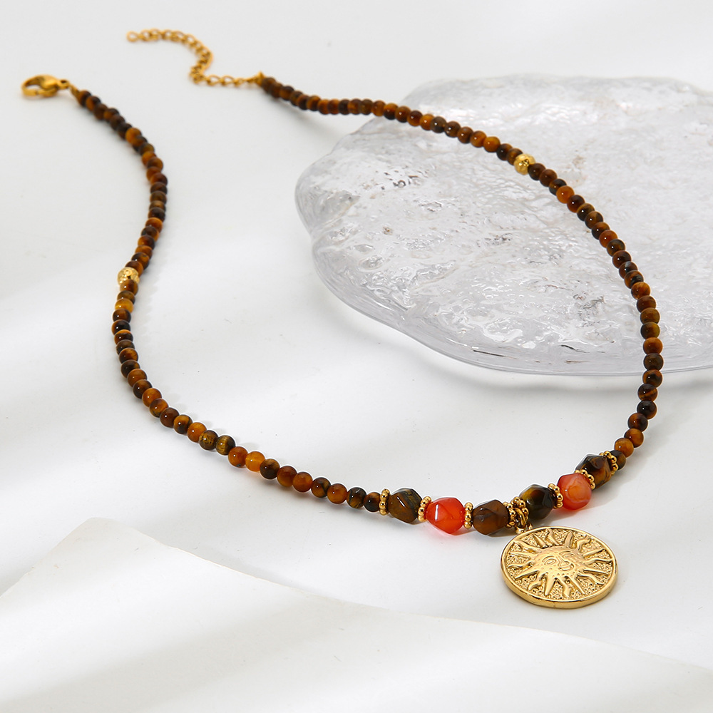 Collier Pendentif Femme Rétro En Perles Soleil Et Pierres Naturelles, Coloris Unique h5Image2
