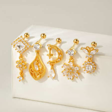 Boucles d'oreilles piercing femme, motif fleur sophistiqué, cuivre et zircon (1 pièce)