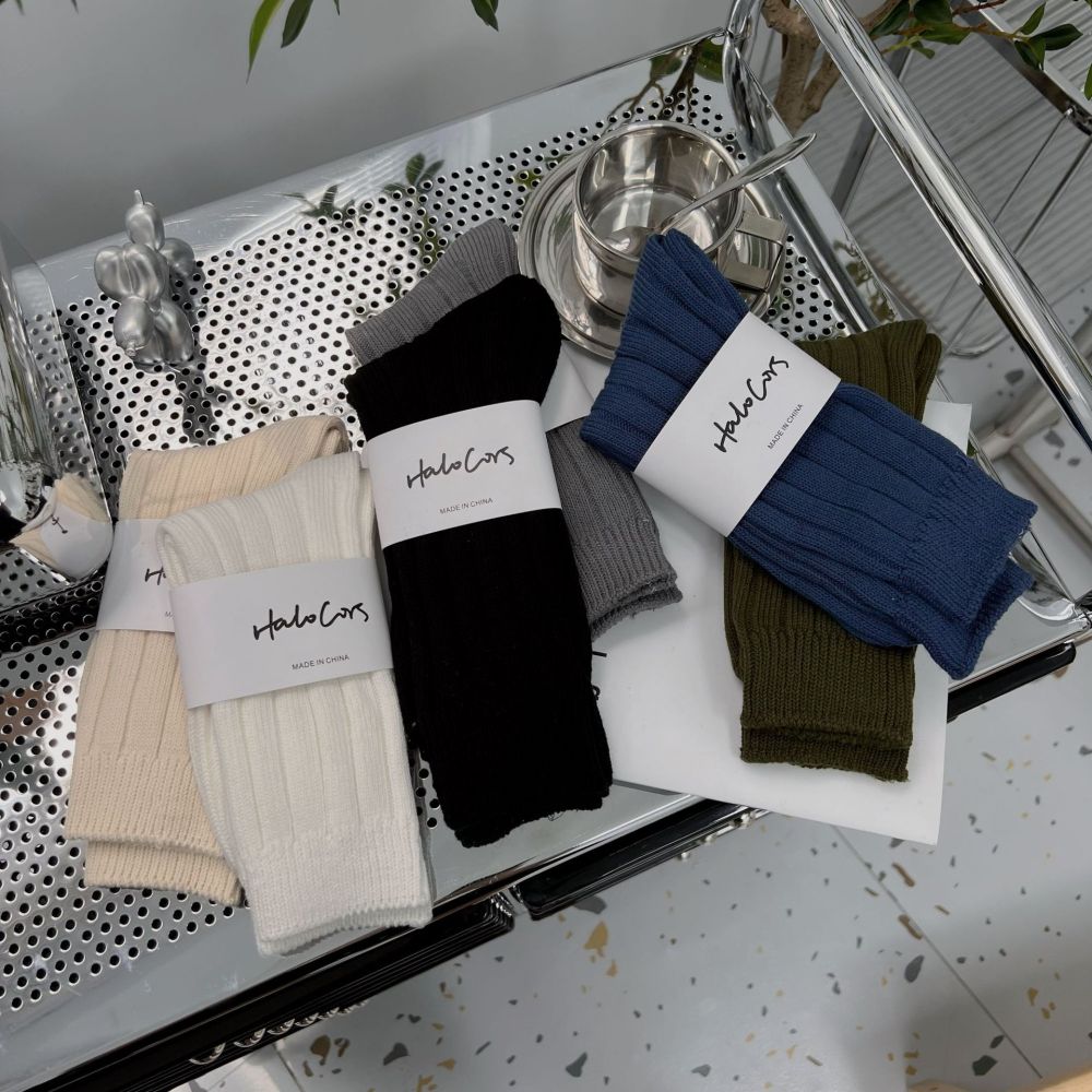 1 Paire De Chaussettes Mi-Mollet En Coton Côtelé Doux, Couleur Unie Image3